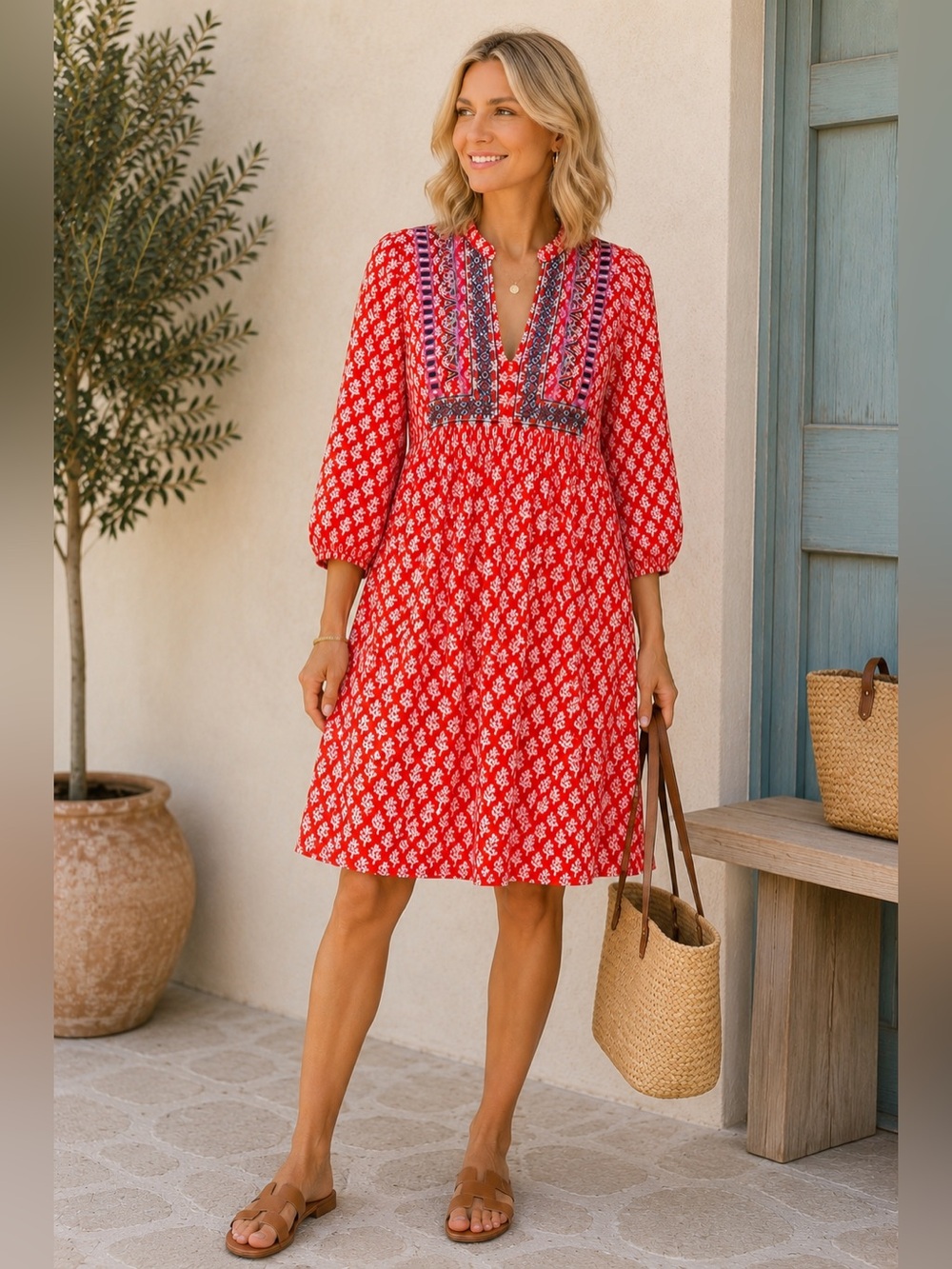 Boden Orange Red Floral Embroidered Boho Tunic Dress Balloon Sleeve Size US 8 R